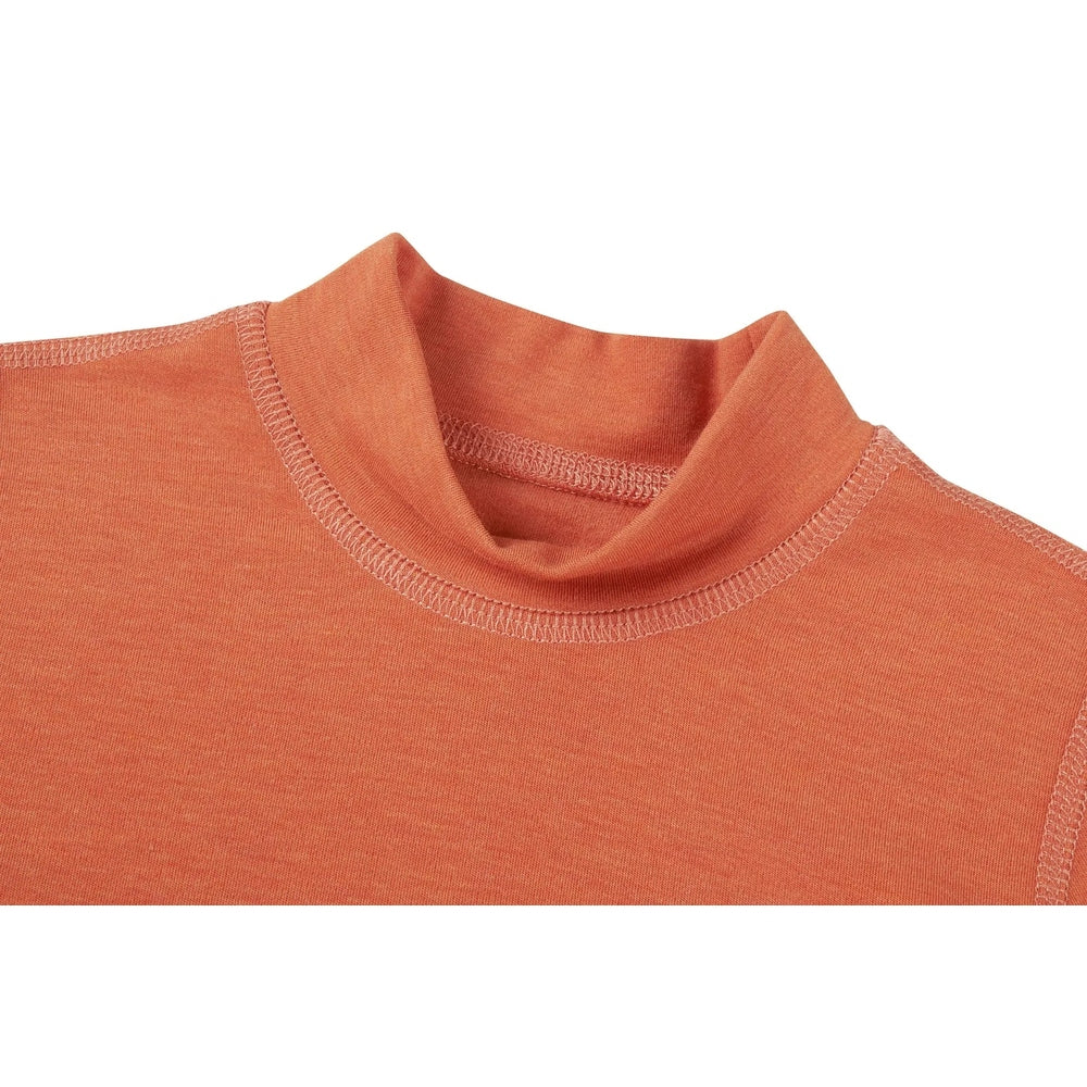 Nest Designs Tanboocel Mock Neck Long Sleeve Shirt in apricot orange, close-up of soft knit neckline.