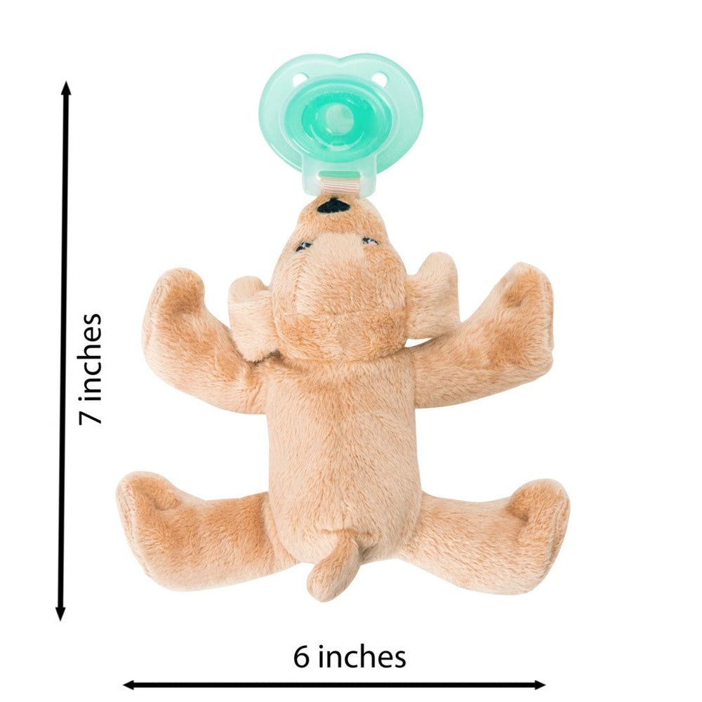 Nookums Paci-Plushies Rufus Puppy Buddies plush with teal pacifier clip attached, 7 inches tall.