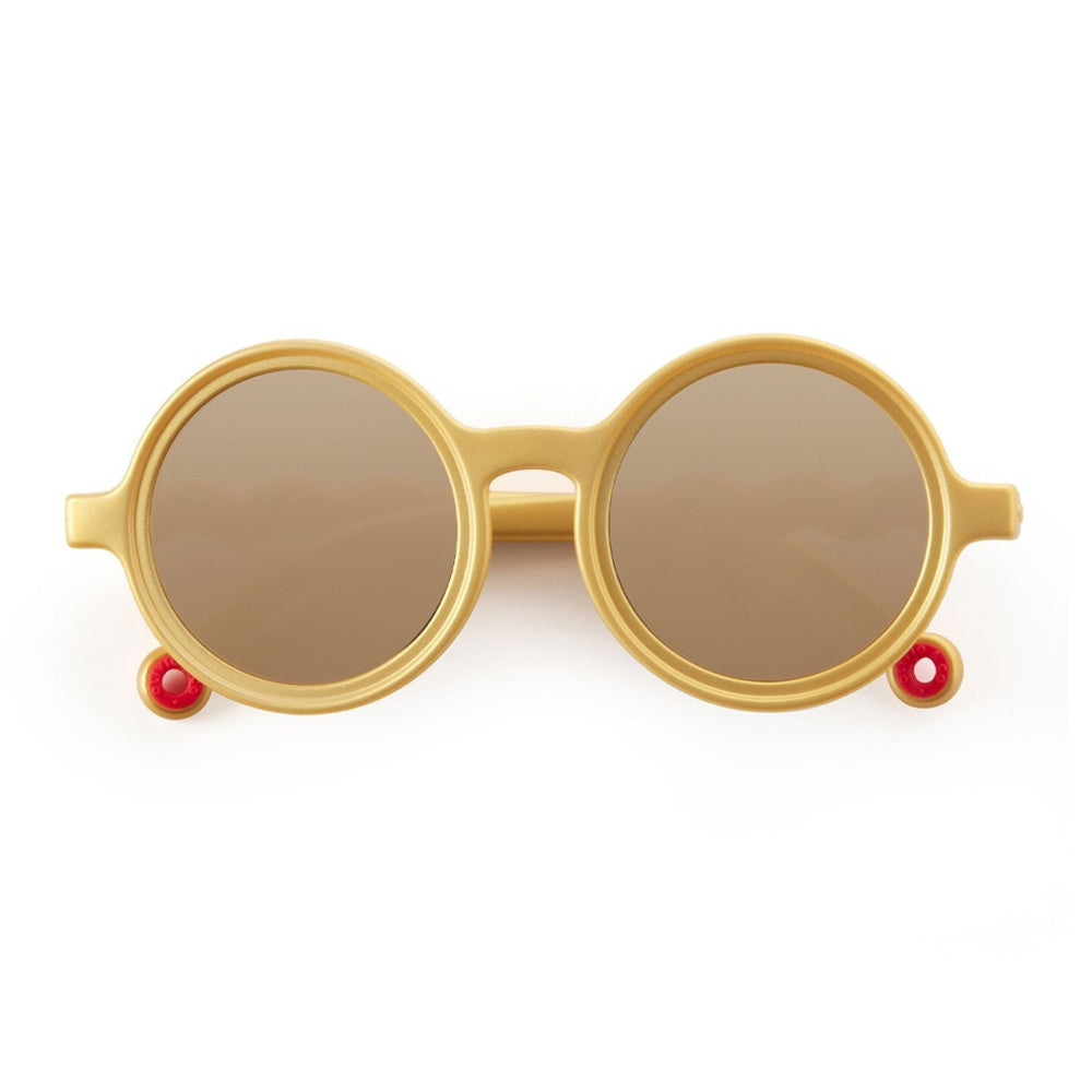 OLIVIO & CO Round Kids Sunglasses, gold medallion frame with brown lenses.