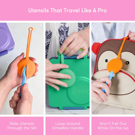 OmieLife Fork Spoon Pod Set, orange utensils sliding through a slit and looping around the OmieBox handle for secure on-the-go use.