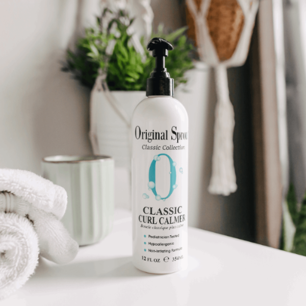 Original Sprout Classic Curl Calmer bottle with pump, white plastic; brand visible.