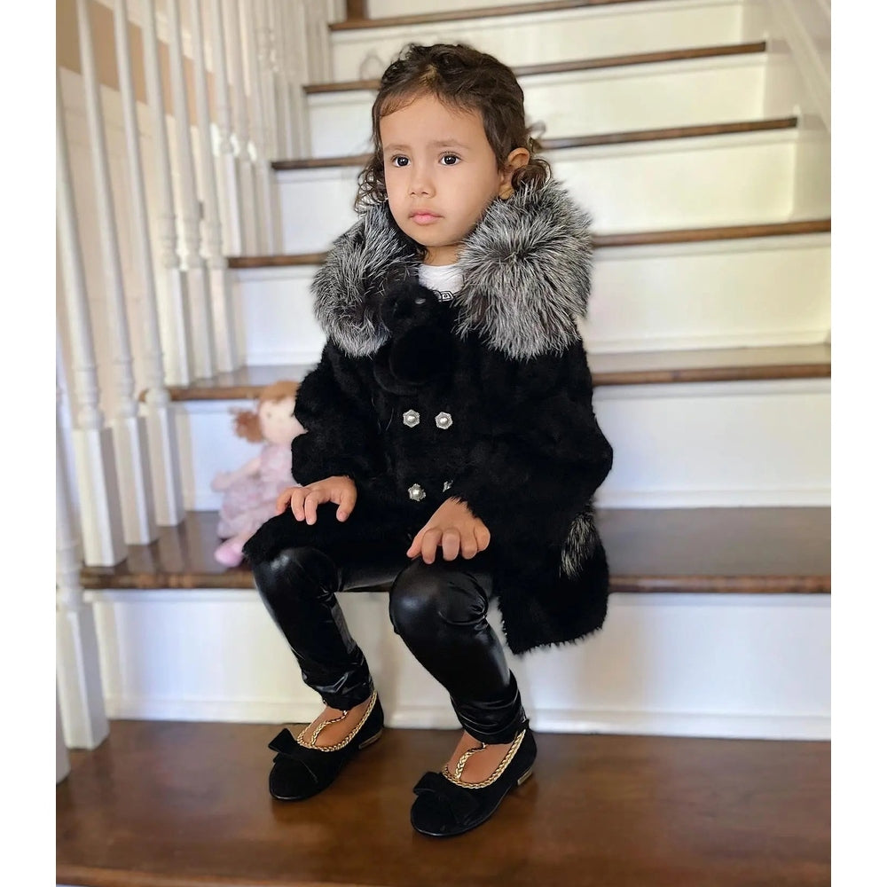 Petite Maison Kids Milana Noir Sweater Coat on toddler; black faux-fur coat with grey collar and silver buttons.