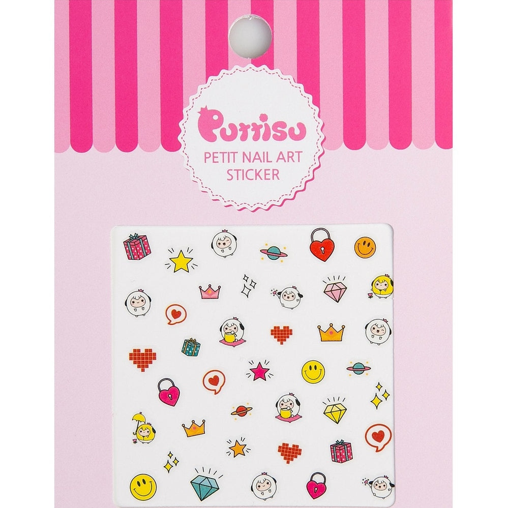 Puttisu Fantastic Treasure Box nail art stickers sheet with colorful crown, heart and diamond icons on white