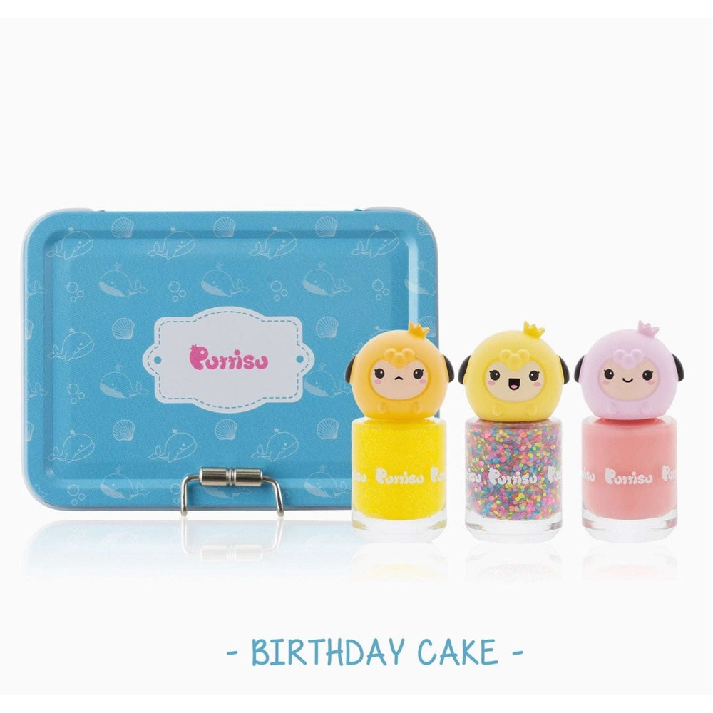 Puttisu Pangpang Nail Art Kit Birthday Cake; blue tin with three animal-head nail polishes (yellow, multicolor glitter, pink)