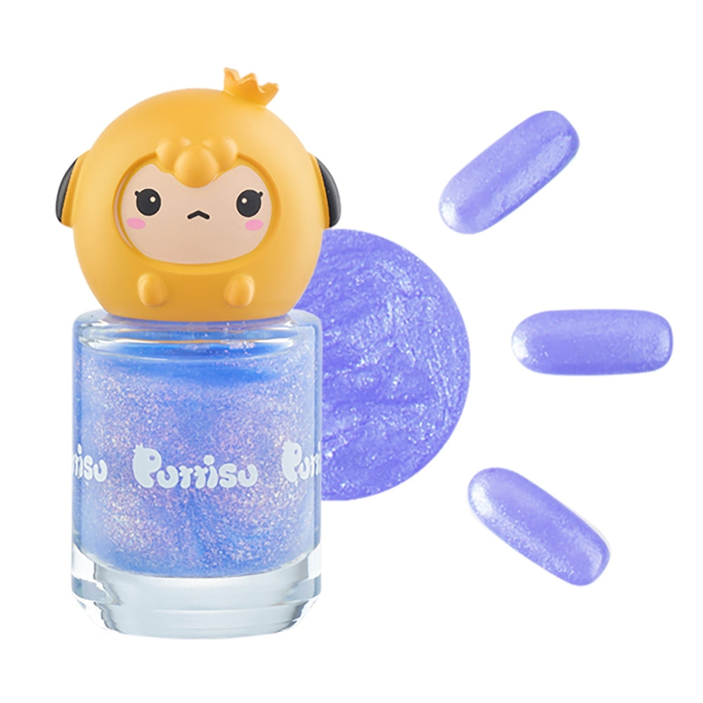 Nail polish bottle by PUTTISU Pangpang in iridescent blue-purple with a yellow chick cap
