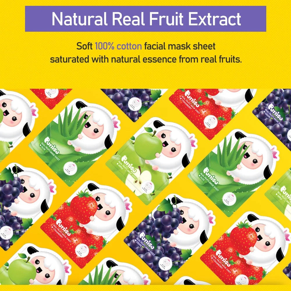 Puttisu Real Fruit Mask Sheet Grape pack of 100% cotton facial masks on bright yellow background