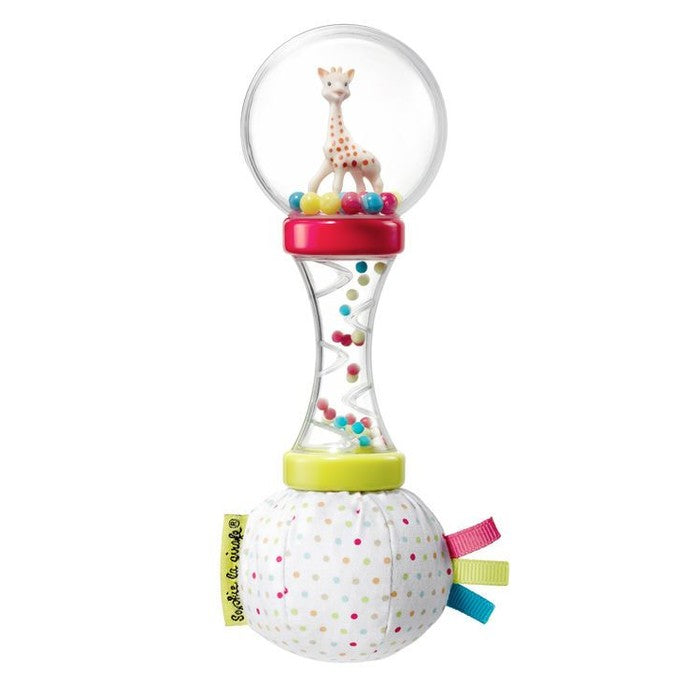 QHOUSE KIDS Sophie La Girafe Soft Maracas rattle with a clear hourglass, multicolor beads, and a polka-dot fabric ball.