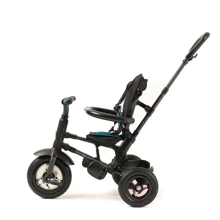 Qplay Rito Plus Ultimate Folding Trike with black frame, teal seat, and extended tall push handle in a three-wheel setup.