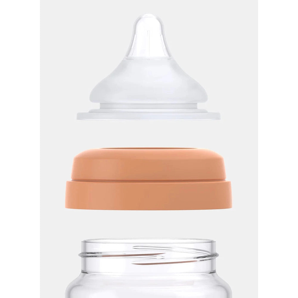Quark Buubibottle Max Hybrid Feeding Bottle 2-Pack: clear bottle, peach collar, and nipple shown in stacked parts.