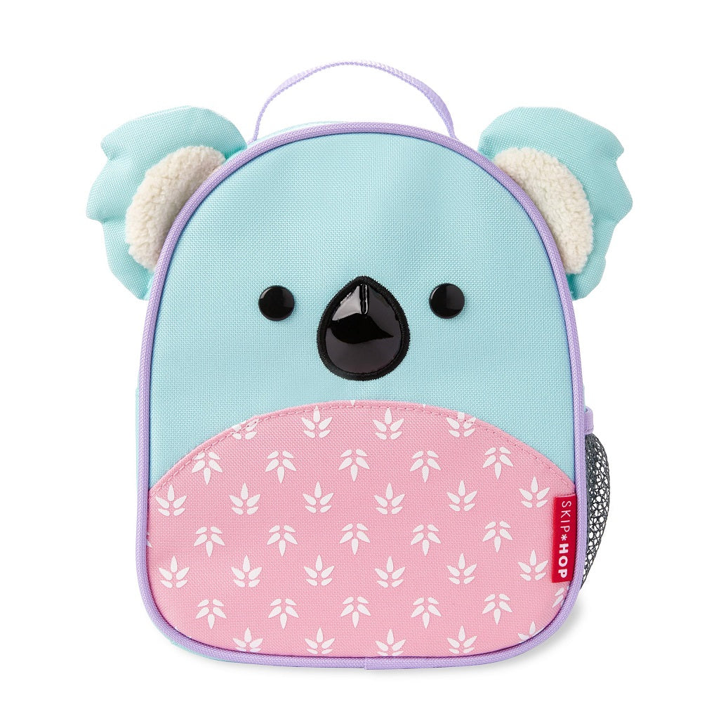 Skip Hop koala mini backpack with safety harness; pastel blue body, pink leaf-pattern front pocket