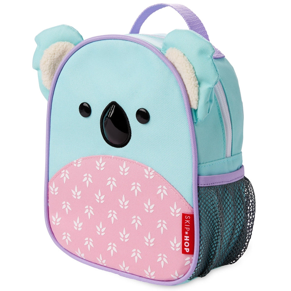 Skip Hop mini koala backpack with safety harness, teal body, pink leaf-pattern pocket, purple trim