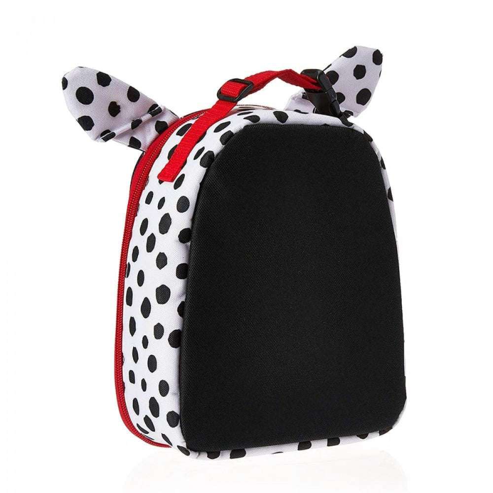 Skip Hop Zoo Dalmatian insulated lunch bag, white with black spots, red zipper, black front panel