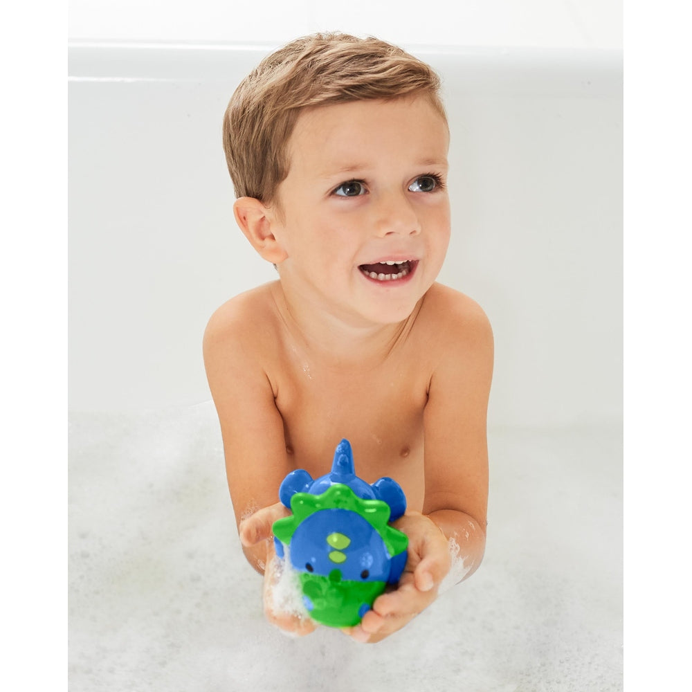 Skip Hop Zoo Light Up Bath Toy Dinosaur; blue and green plastic dinosaur in bubbles