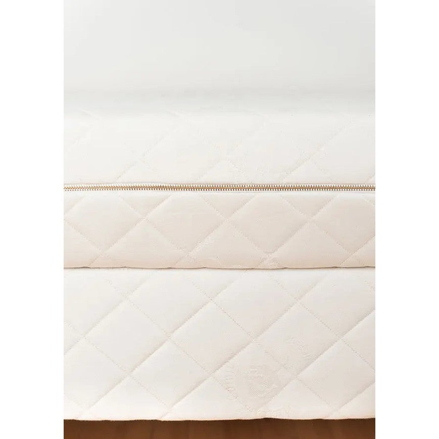 Sleeptek Organic Kids Rubber Mattress in white quilted fabric; gold zipper along the edge shows secure cover.