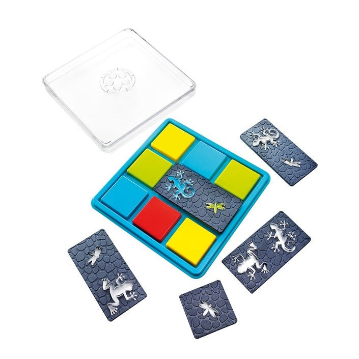 Smart Games Color Catch puzzle in a blue case with bright colored tiles and dragon-pattern tiles