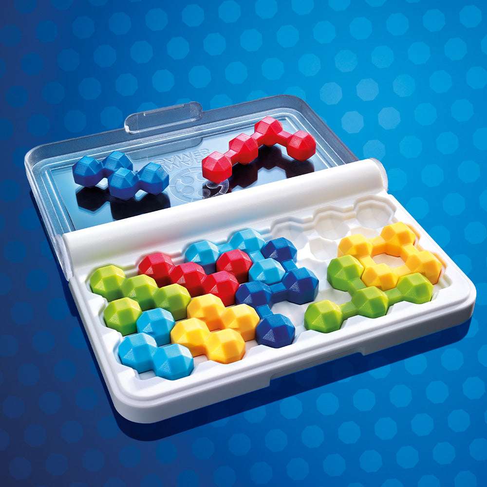 Smart Games IQ Twins puzzle set with colorful hexagonal pieces in a white case by SMART GAMES