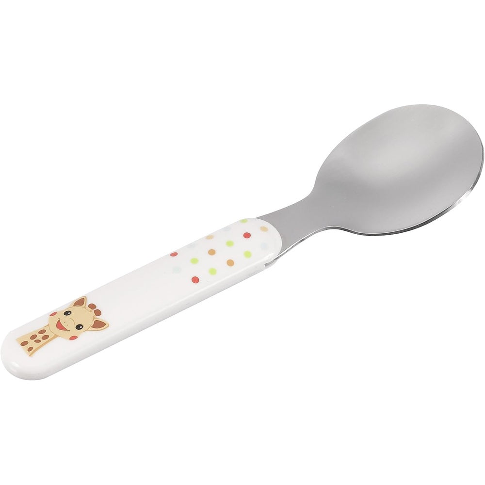 Sophie la Girafe Fresh Touch Mealtime spoon with white handle, giraffe illustration and colorful dots