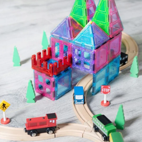 Sprout Tile Magnetic Building Tiles 100pcs; colorful translucent castle with train set and trees
