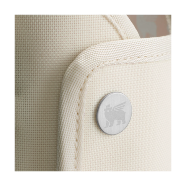 Stanley All Day Quencher Carry-All 40 oz water bottle in beige canvas carrier with silver logo button