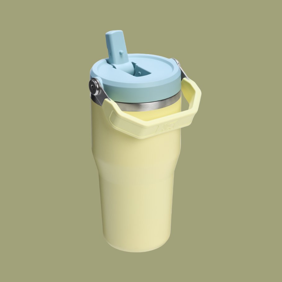 Stanley The Iceflow Flip Straw 2.0 Tumbler 20 oz, yellow body with blue lid and built-in carry handle