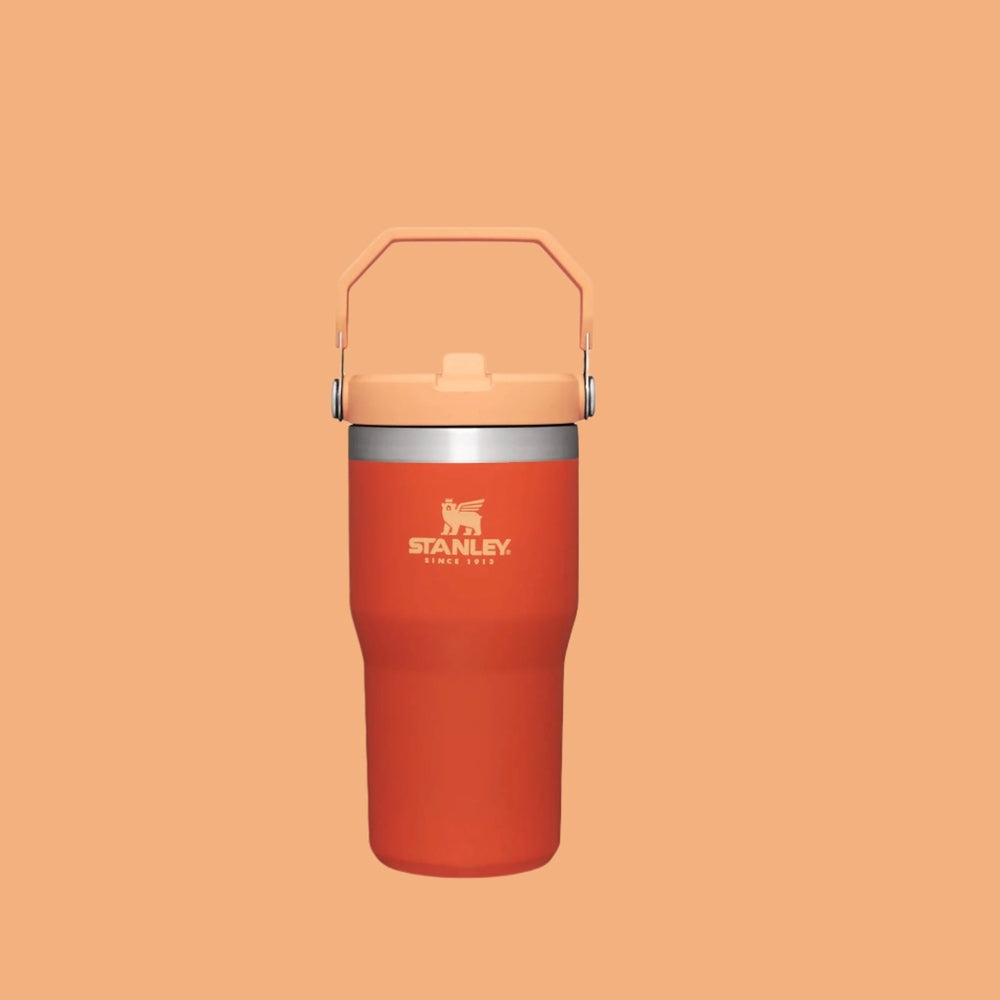 Stanley 20 oz IceFlow Flip Straw Tumbler in orange with peach lid and built-in handle