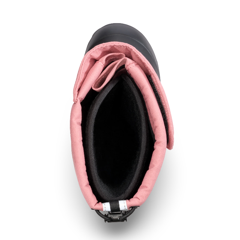 STONZ Trek Kid Snow Boots Dusty Rose, pink padded upper with black lining and gray toe cap.