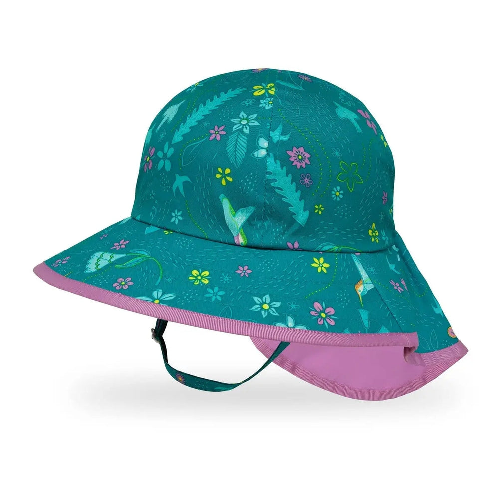 Sunday Afternoons Kids’ Play Hat teal with pink brim and floral pattern, adjustable chin strap visible under chin.