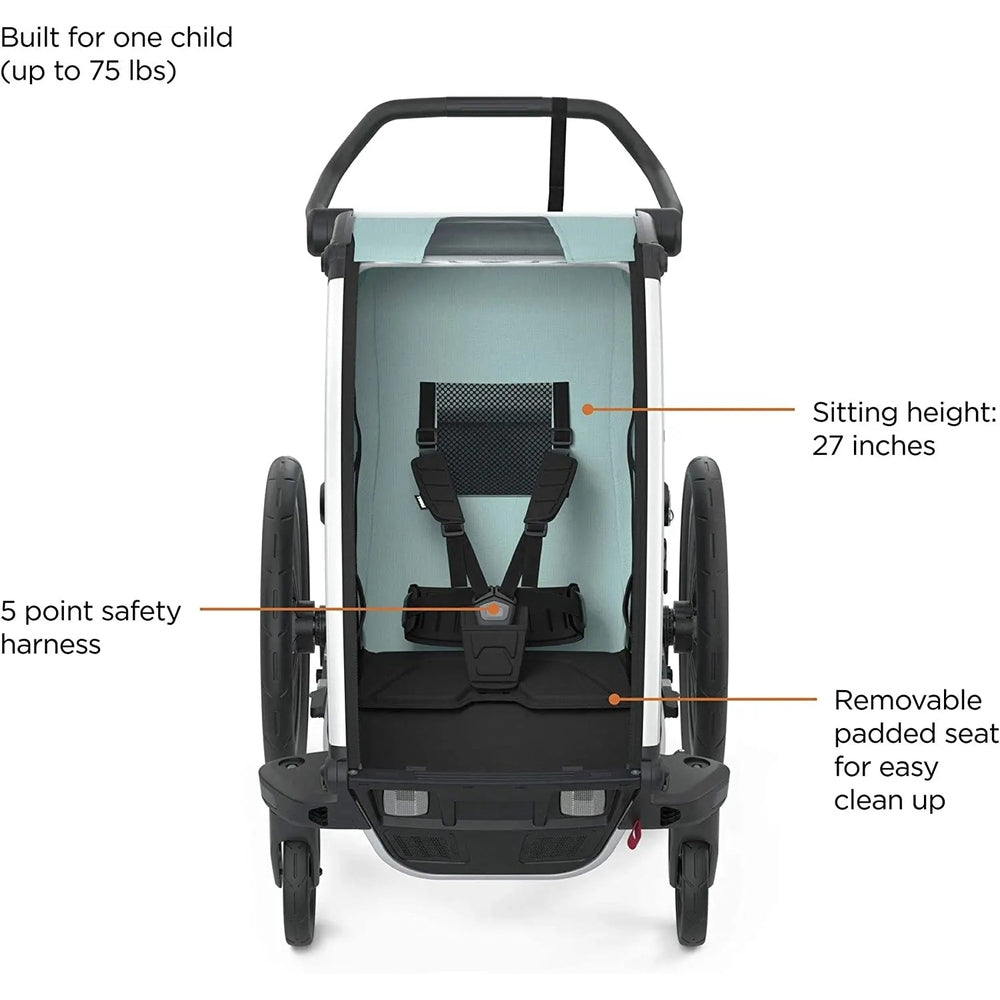 Thule Chariot Cross Multisport bike trailer Alaska Blue with a visible 5-point harness and removable padded seat.
