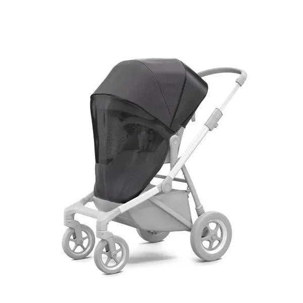 Thule Sleek Mesh Cover for stroller on a white-frame pushchair, black mesh canopy providing ventilation.