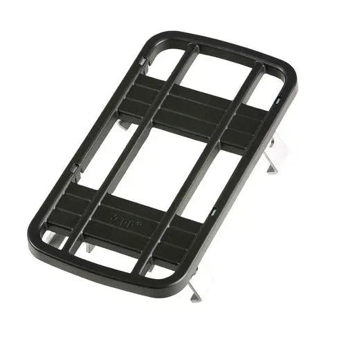 Thule Yepp Maxi Easyfit Adapter for bicycles, black plastic frame with fold-out metal supports mounted on a bike rack.