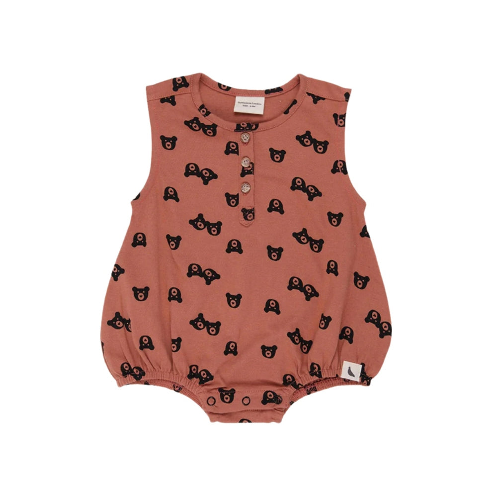 Turtledove London Two Bears Bubble Romper Sunset pink sleeveless baby romper with black bear print, snap-front and elastic bubble legs