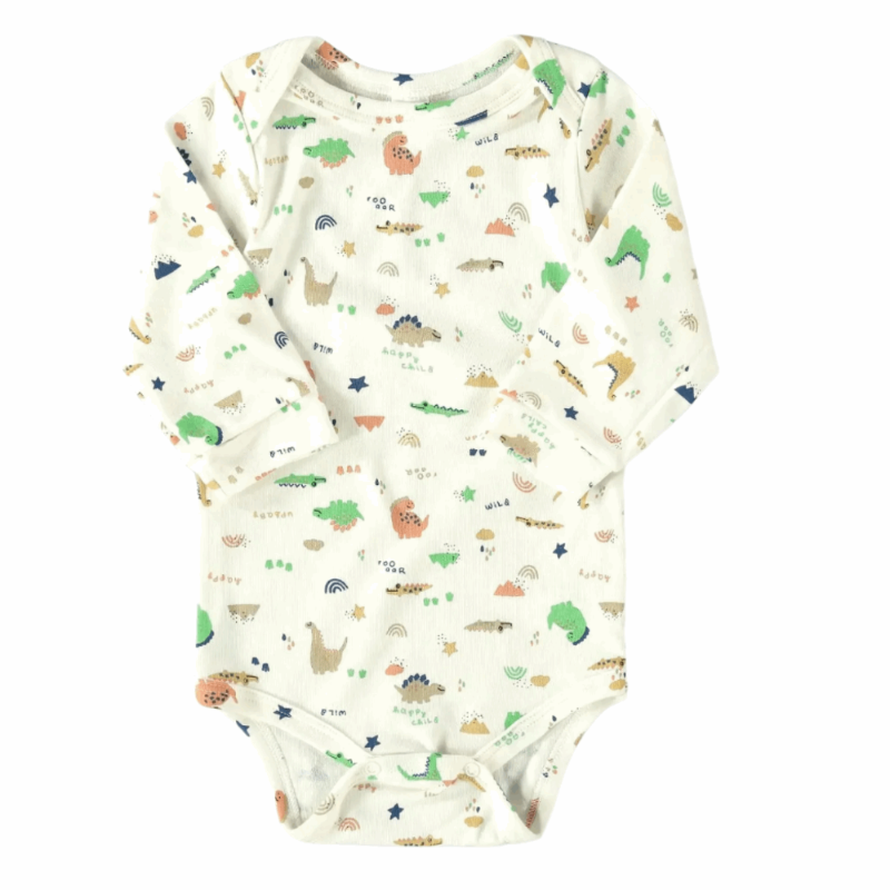 UPBABY baby boy long-sleeve bodysuit in off-white with colorful dinosaur print