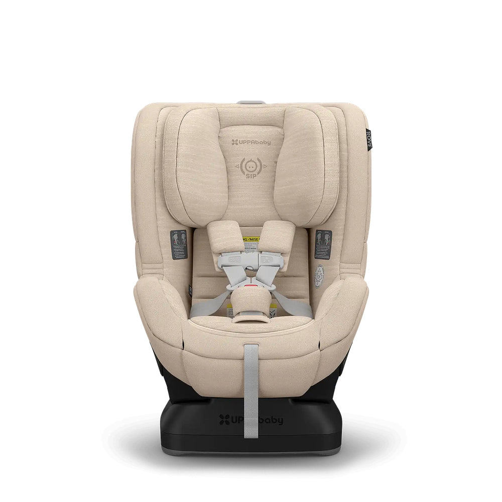 UPPAbaby Rove convertible car seat beige fabric with five-point harness on black base