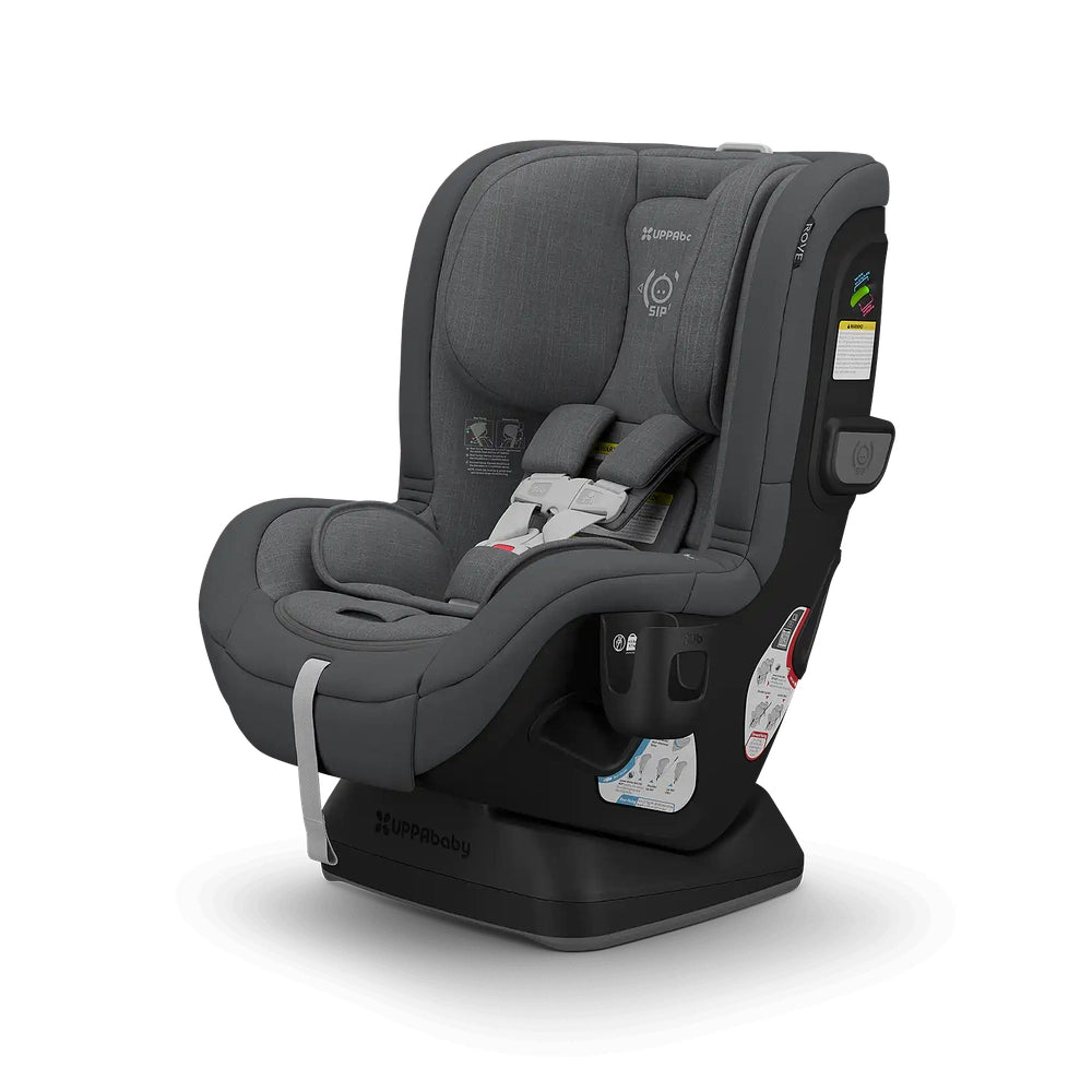 Uppababy Rove convertible car seat in gray fabric with padded headrest and 5-point harness