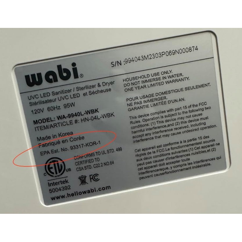 Wabi Baby UV-C LED Sterilizer & Dryer Ultra V2.0 white, Made in Korea label visible.