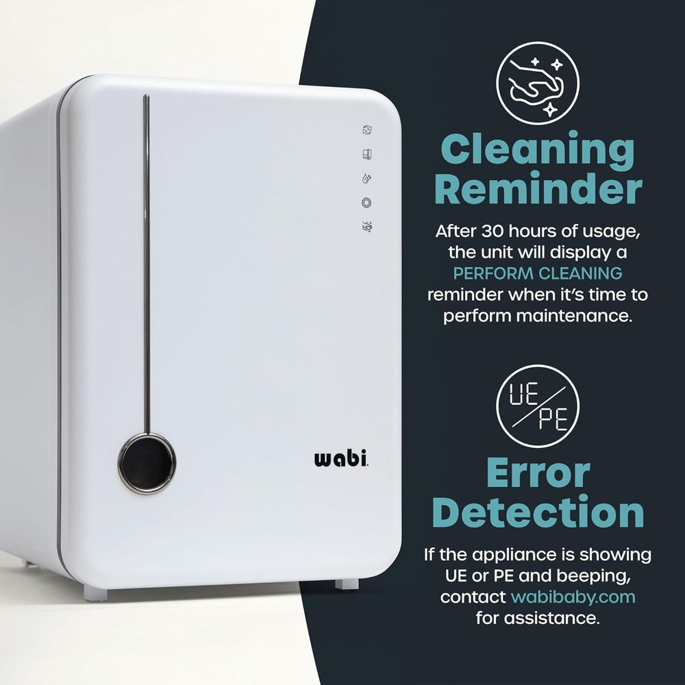 Wabi Baby UVC LED Sanitizer & Dryer Ultra V2.0 in white on a surface with vertical control panel, compact UV sterilizer.