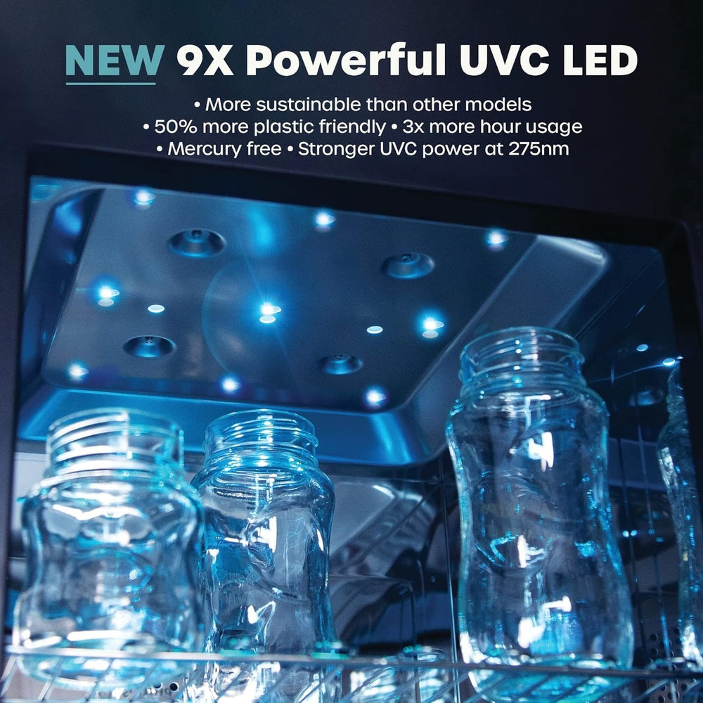 Wabi Baby UV Sterilizer & Dryer Ultra V2.0 white unit with blue LEDs; three glass jars on its rack.