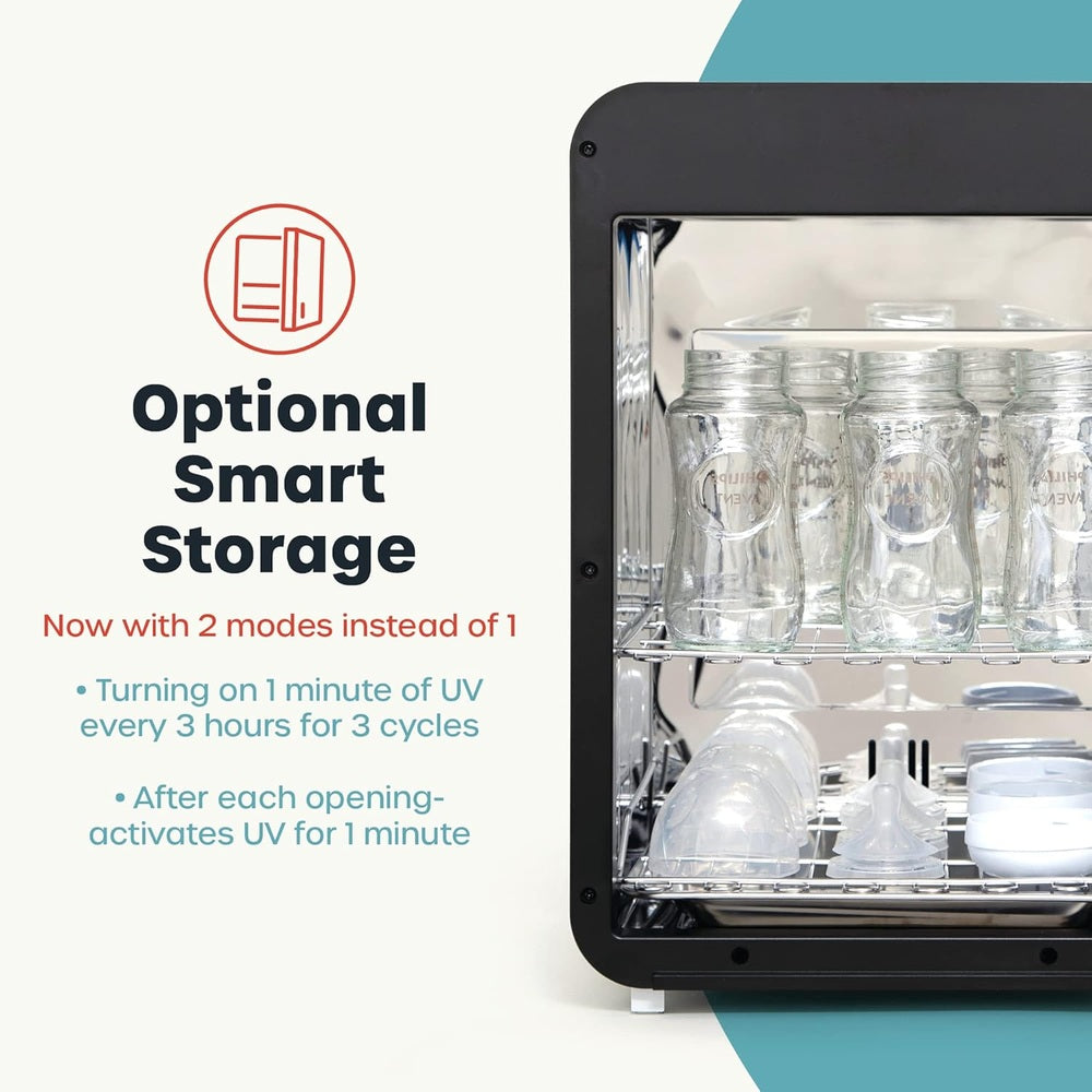 Wabi Baby UVC LED Sterilizer and Dryer Ultra V2.0 white, open unit with glass baby bottles on racks