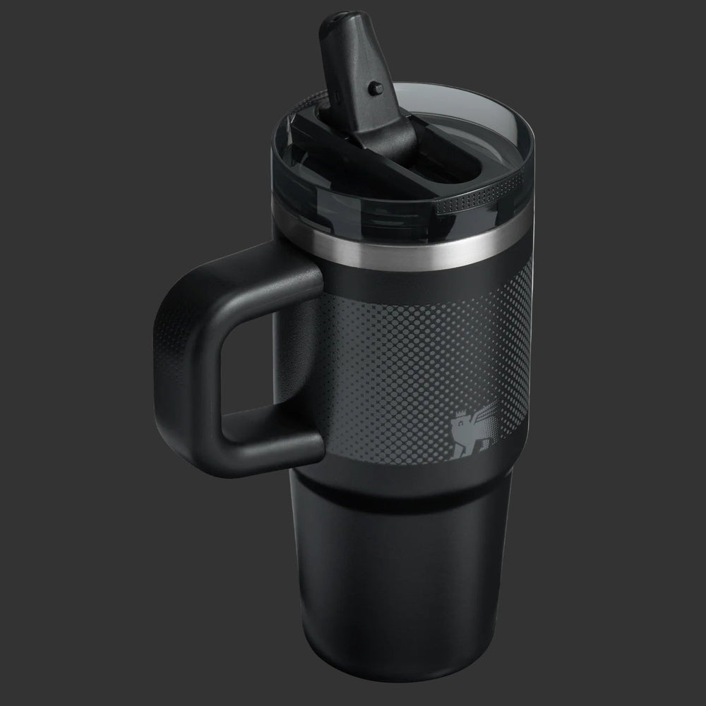STANLEY The Quencher Protour Flip Straw Tumbler 14 oz, black with textured grip, lid flipped open to reveal straw.