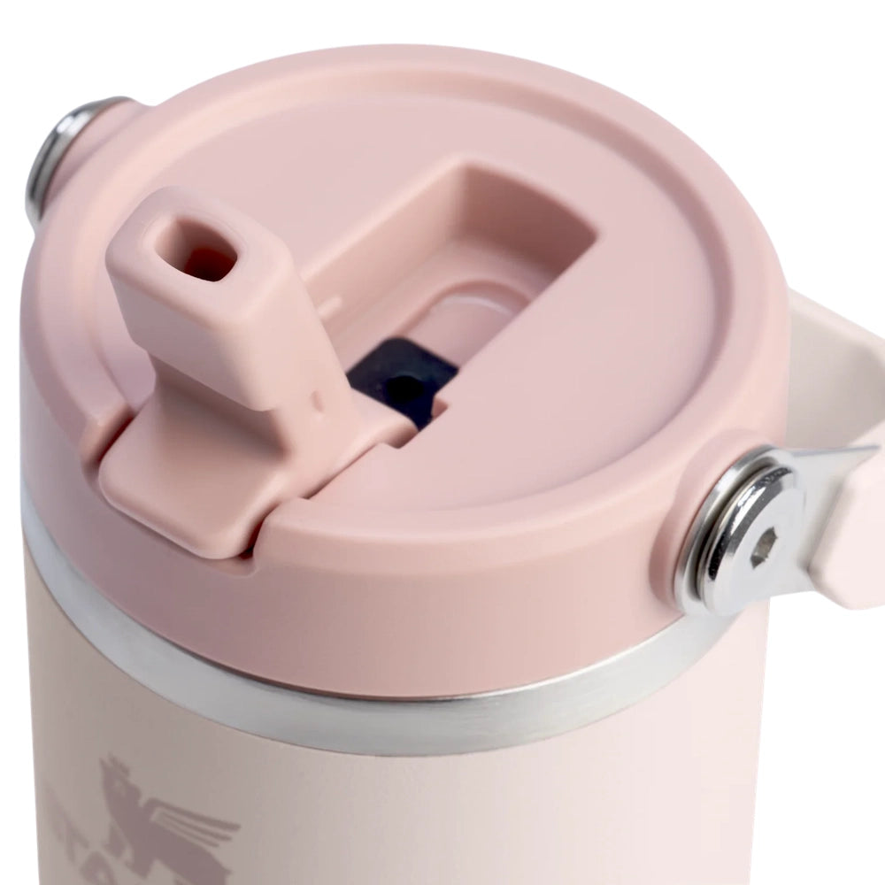 STANLEY Iceflow 2.0 Flip Straw Tumbler 14oz in pink, lid with flip straw mechanism and latch secured.