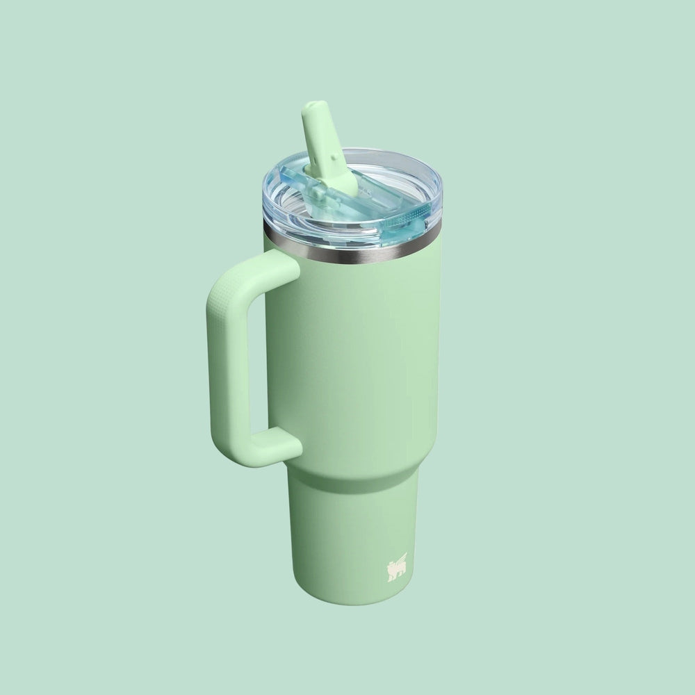 Stanley The Quencher Protour Flip Straw Tumbler 40 oz in mint green with a side handle and flip straw ready to sip.