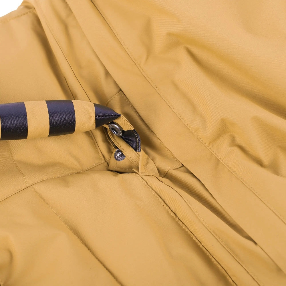 Weedo Liodo Lion snowsuit with matching tan and navy striped gloves for babies