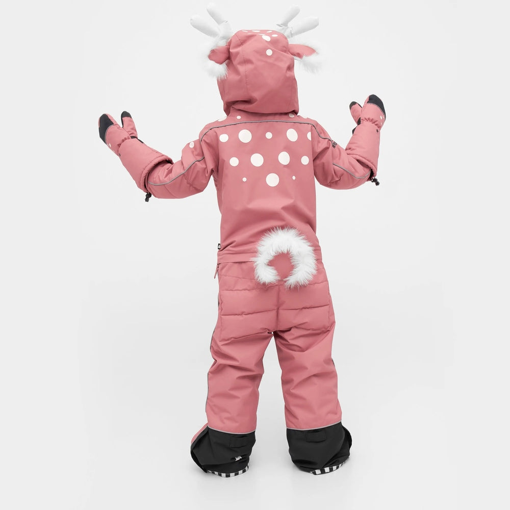Weedo Ohdeer Deer Snowsuit for babies, pink with white dots and faux fur tail, child raises arms in mittens.