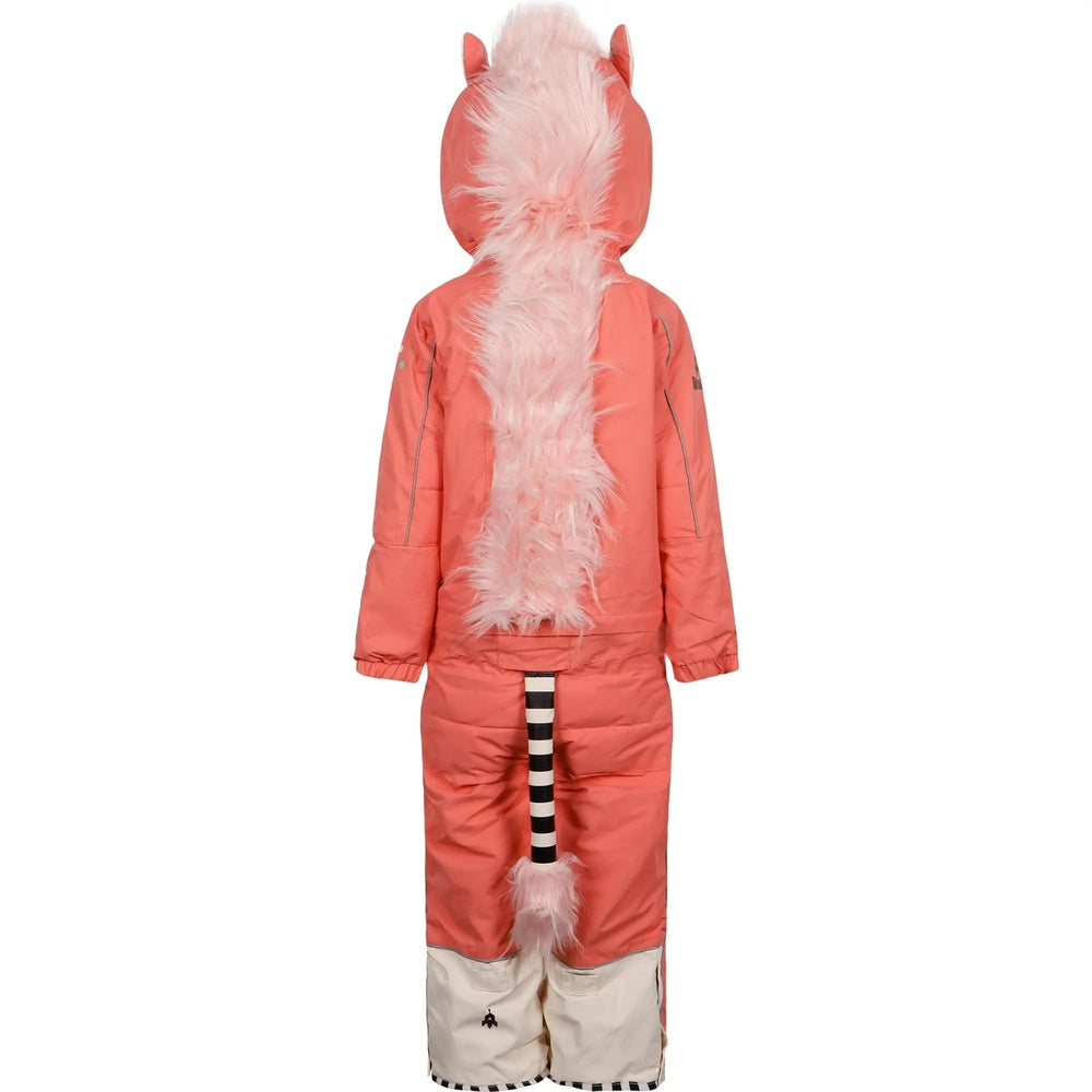 Weedo Unido Unicorn Snowsuit With Glovess in pink with fluffy back mane, unicorn-ear hood, striped tail.