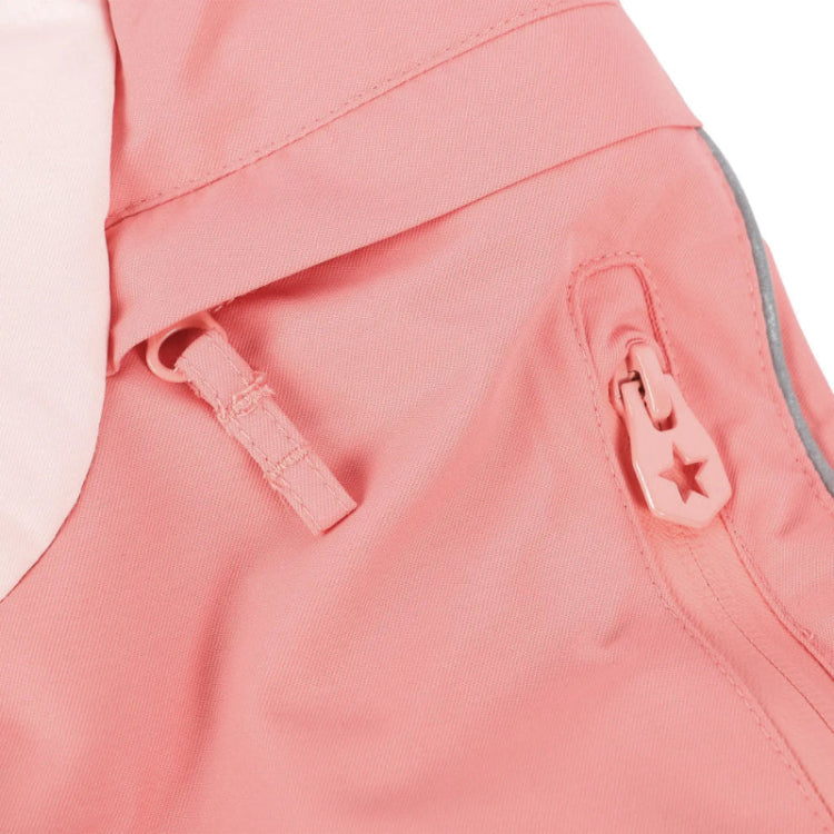 WEEDO Unido Unicorn Snowsuit with Gloves in pink, showing side zipper with star pull and glove loop.