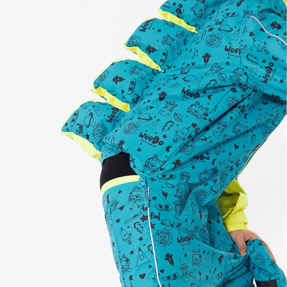 Weedo Universe Mondo Monster Snowsuit, teal with neon trim; child zips up front, showing warm padded warmth and playful prints