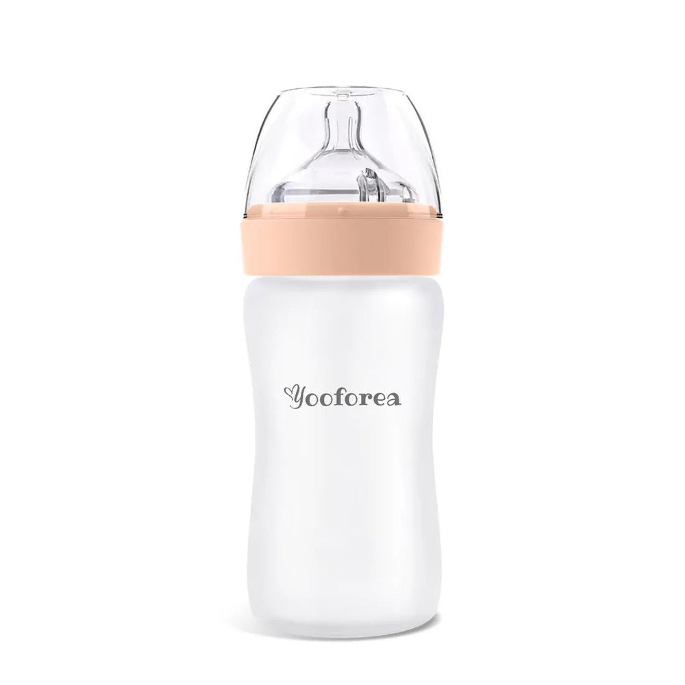 Yooforea silicone-coated glass baby bottle 9 oz (270 ml) with peach band and clear nipple