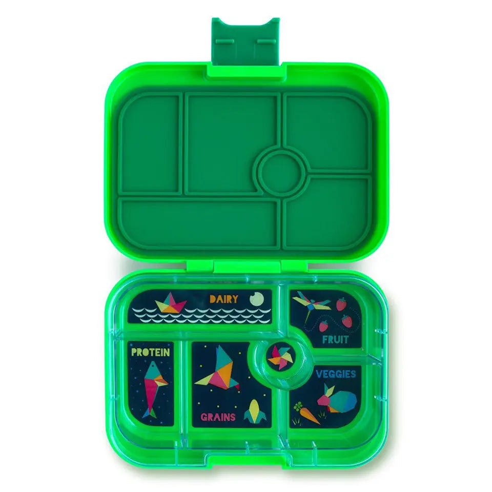Yumbox Original 6 Compartment Lunchbox in green, open to show labeled dairy, protein, grains, fruit, veggies sections