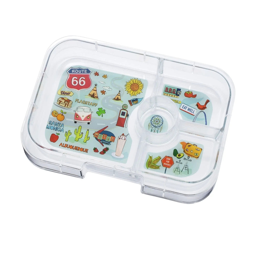 Yumbox Panino 4-compartment lunchbox with clear lid; bright travel-themed illustrations fill each section.