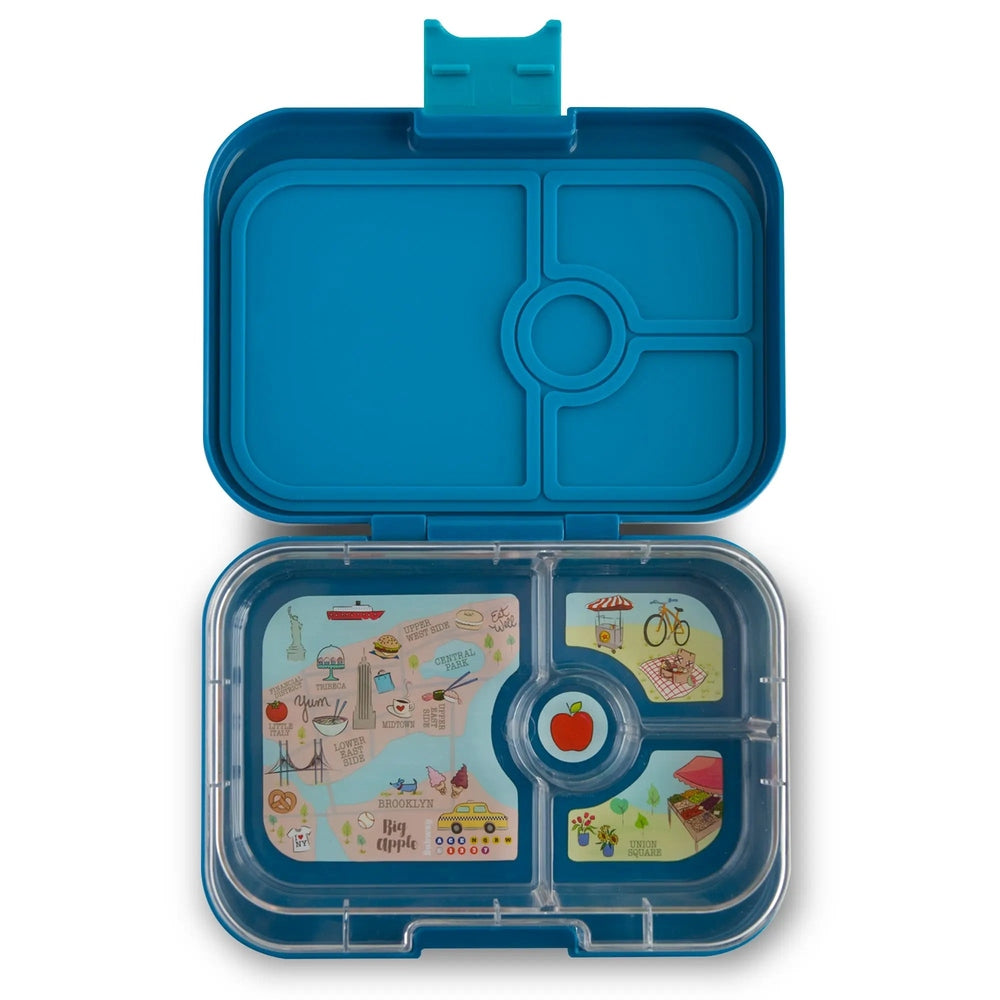 Yumbox Panino 4-compartment lunchbox in blue, opened to show four divided sections and a colorful illustrated insert.